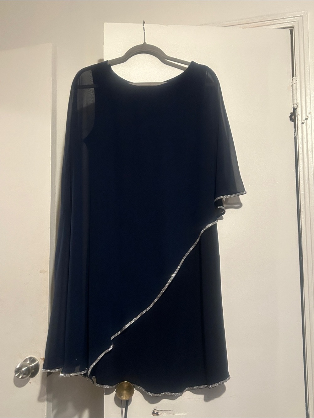 Elegant Blue Asymmetrical Dress with Silver Trim